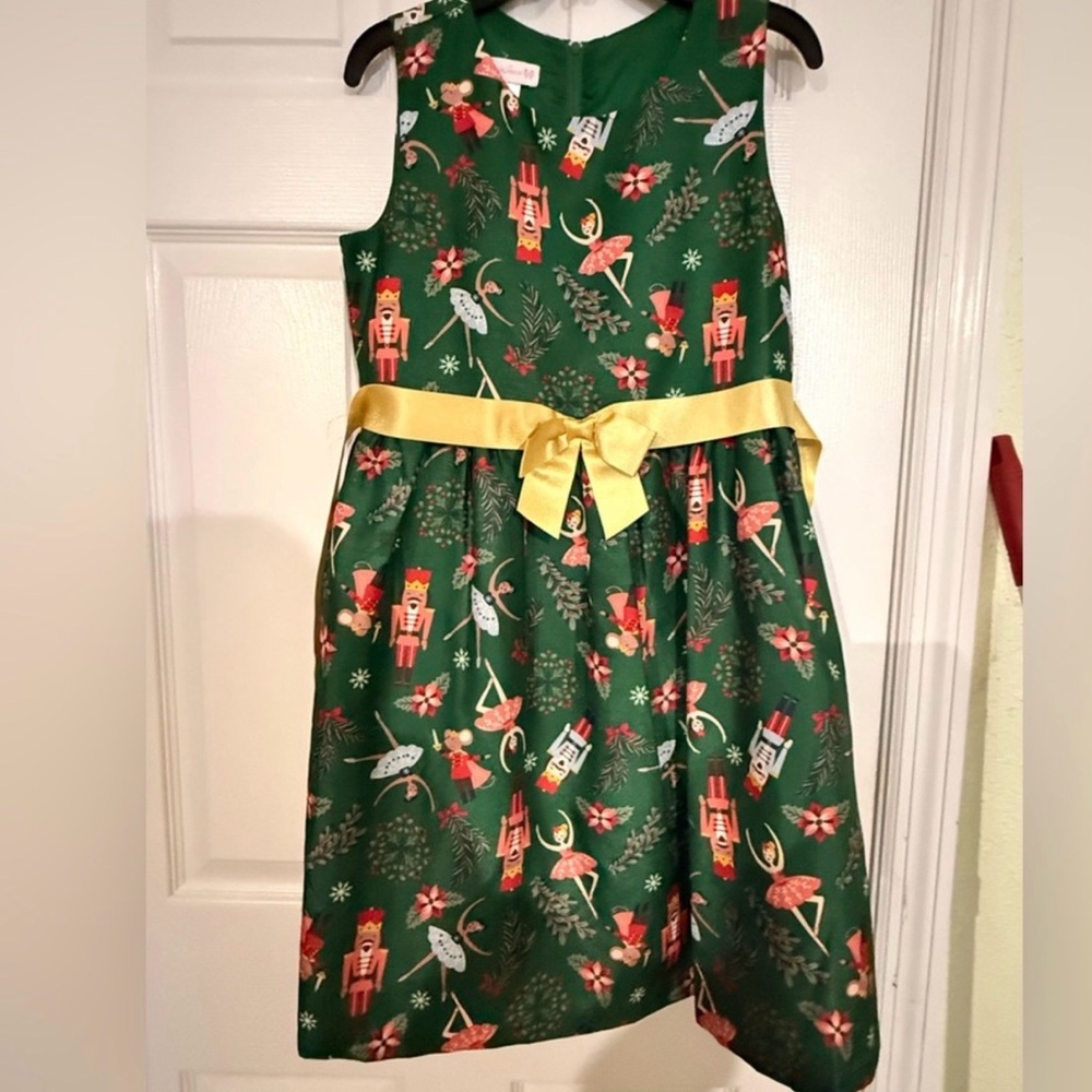 Green Holiday Nutcracker Print Dress with Yellow Sash